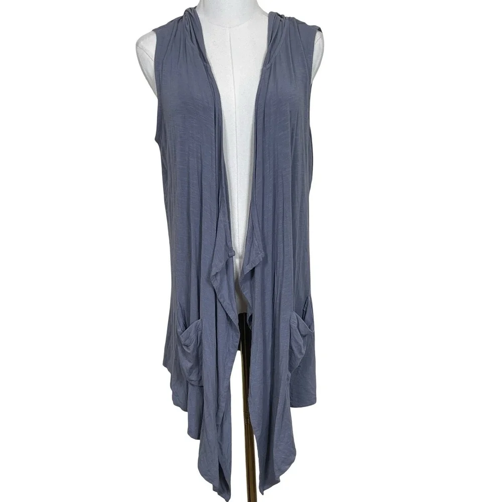 LOGO‎ Lori Goldstein Hooded Vest Women M Blue Gray Sleeveless Open Front Draped